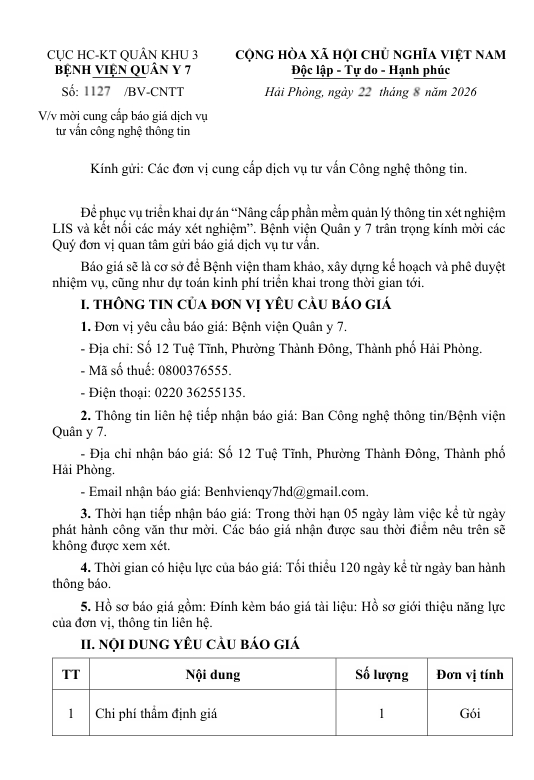 Thông báo về việc mời cung cấp báo giá dịch vụ tư vấn công nghệ thông tin